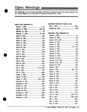 Primary view of object titled 'Texas Register: Annual Index January-December, 1993, Volume 18, Number 1-96, (Part II - Open Meetings, Regional Meetings, and Index to Statute), January 21, 1994'.