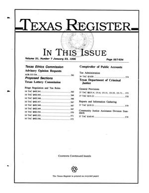 Primary view of object titled 'Texas Register, Volume 21, Number 7, Pages 557-634, January 23, 1996'.