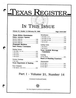 Primary view of object titled 'Texas Register, Volume 21, Number 14, Part I, Pages 1319-1420, February 20, 1996'.