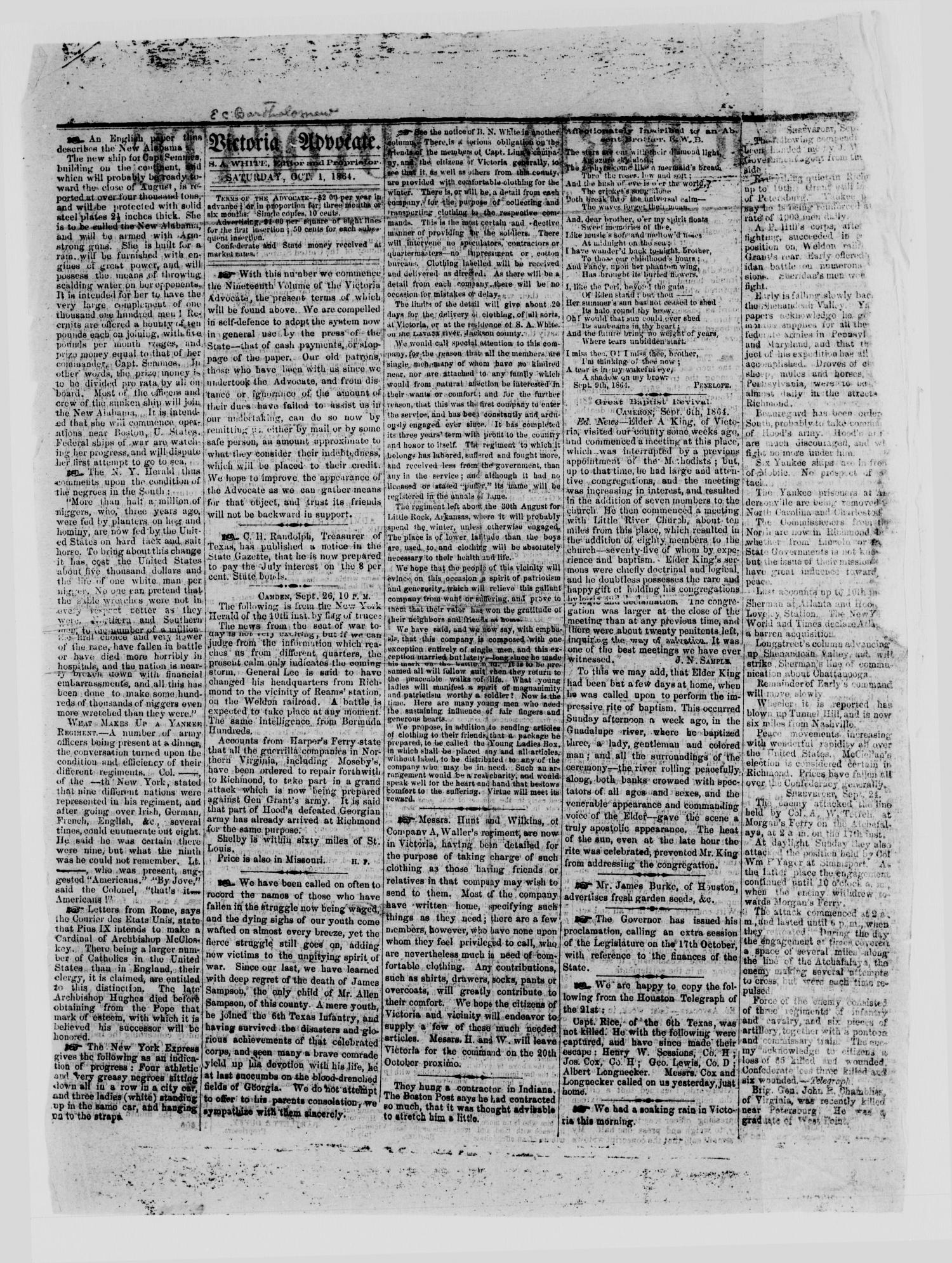 Victoria Advocate (Victoria, Tex.), Vol. 19, No. 1, Ed. 1 Saturday, October 1, 1864
                                                
                                                    [Sequence #]: 2 of 2
                                                