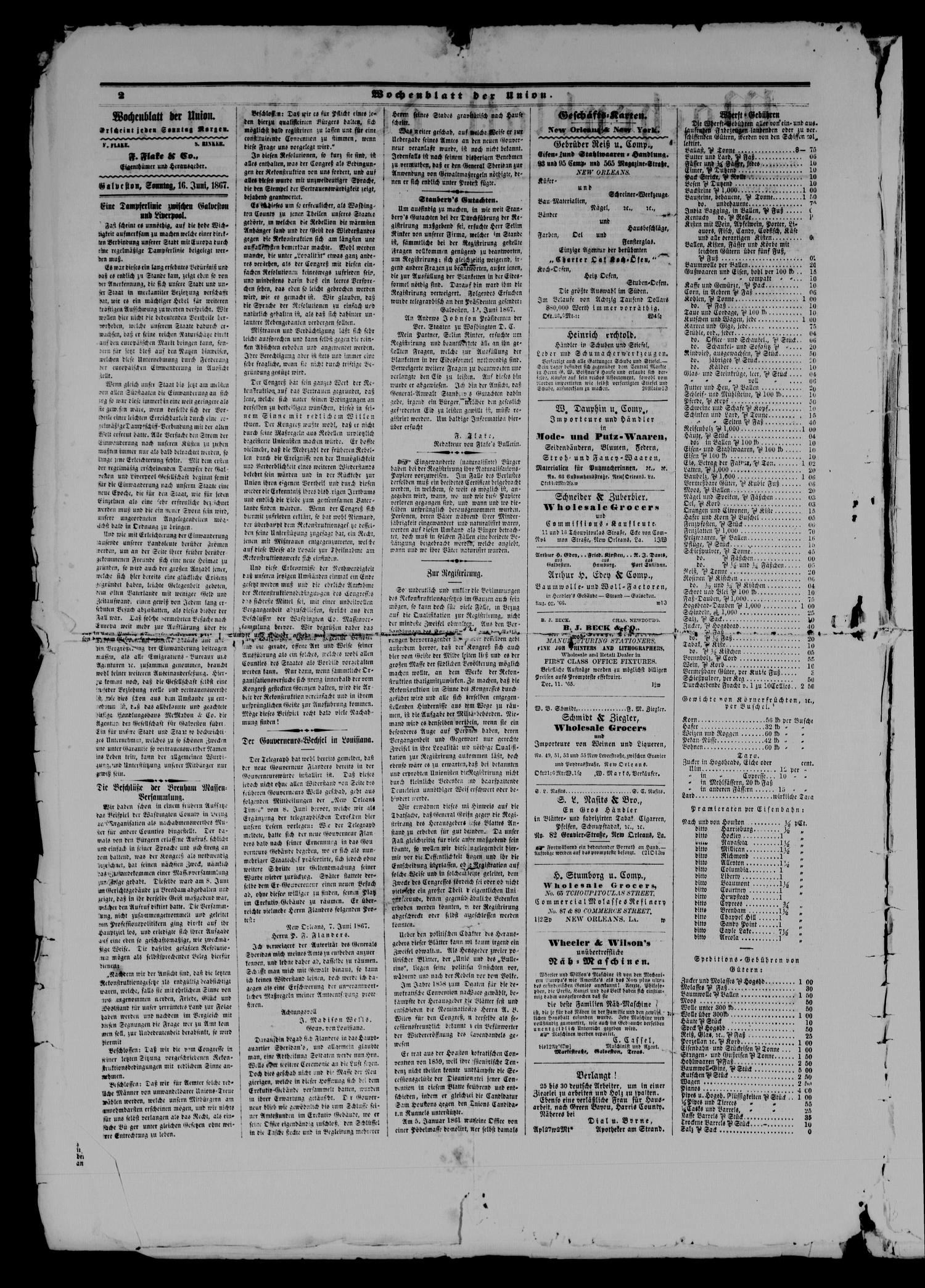 Wochenblatt der Union (Galveston, Tex.), Vol. 9, No. 34, Ed. 1 Sunday, June 16, 1867
                                                
                                                    [Sequence #]: 2 of 8
                                                