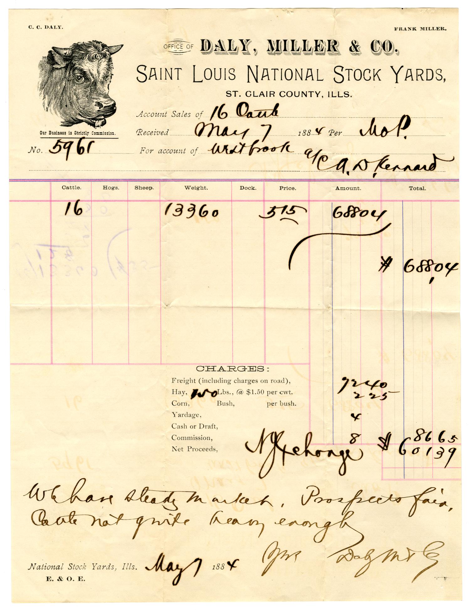 [Receipt from Daly, Miller, & Co. for Cattle Purchase]
                                                
                                                    [Sequence #]: 1 of 2
                                                