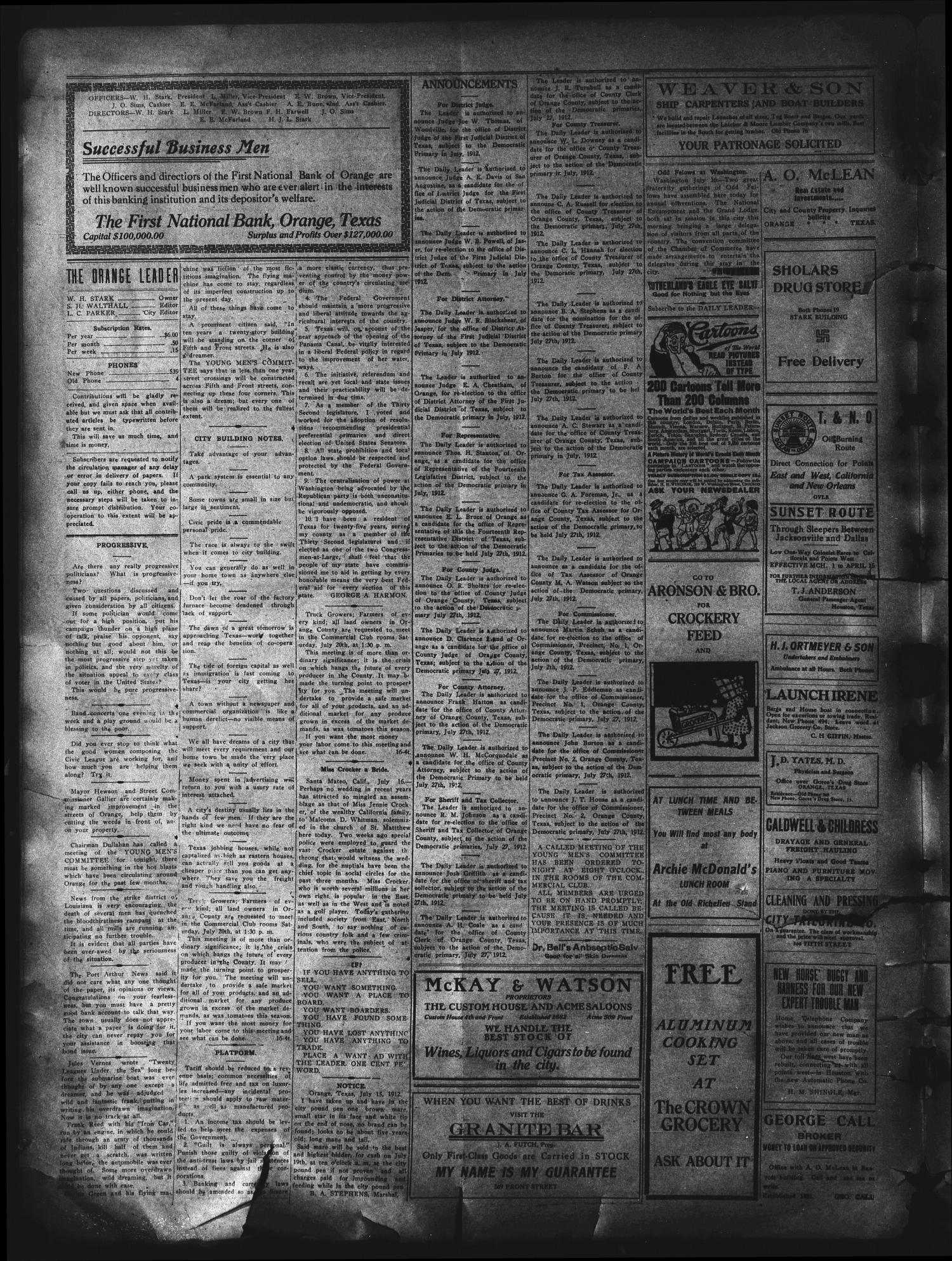 The Daily Leader. (Orange, Tex.), Vol. 5, No. 108, Ed. 1 Tuesday, July 16, 1912
                                                
                                                    [Sequence #]: 2 of 4
                                                