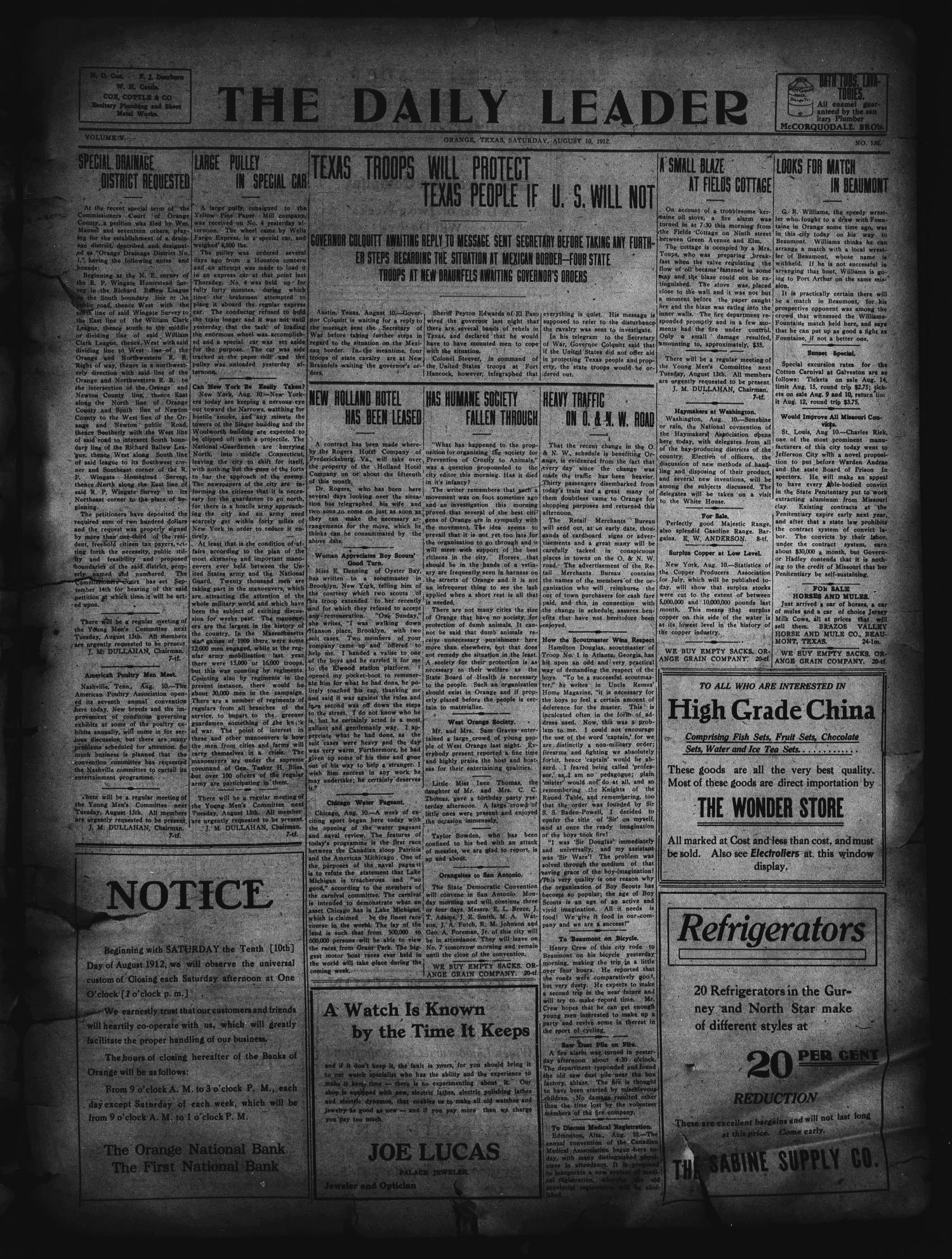 The Daily Leader. (Orange, Tex.), Vol. 5, No. 130, Ed. 1 Saturday, August 10, 1912
                                                
                                                    [Sequence #]: 1 of 4
                                                