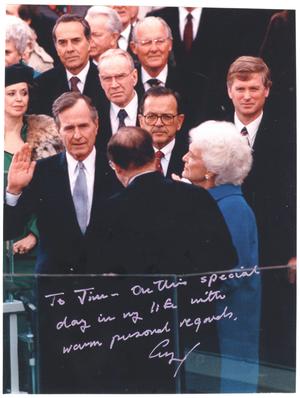 Primary view of [Signed photo of President George Bush taking the Presidential "Oath of Office"]