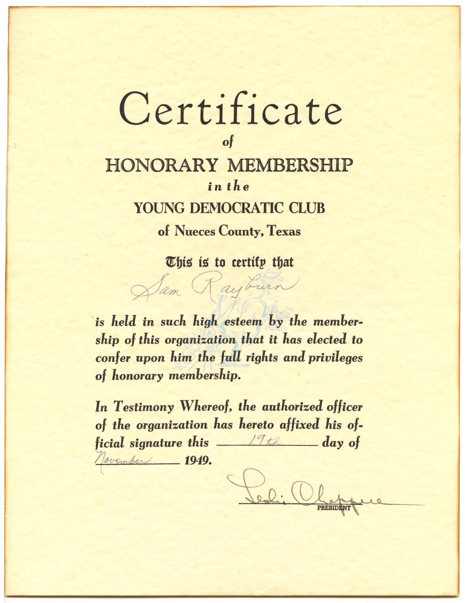 Certificate of Honorary Membership in the Young Democratic Club of Nueces County, Texas
                                                
                                                    [Sequence #]: 1 of 2
                                                