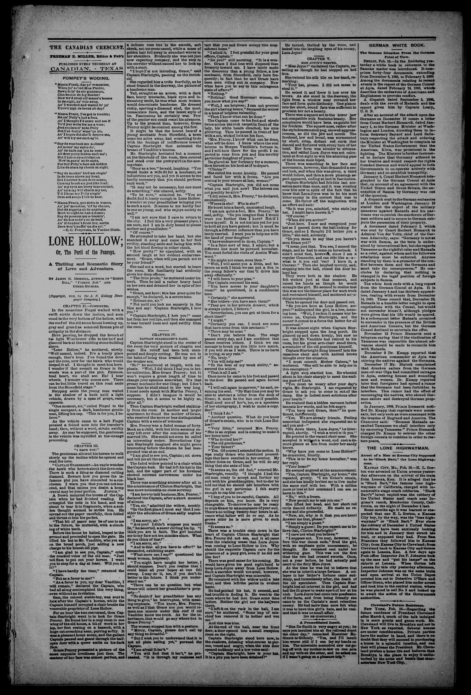 The Canadian Crescent. (Canadian, Tex.), Vol. 2, No. 17, Ed. 1 Thursday, February 21, 1889
                                                
                                                    [Sequence #]: 3 of 8
                                                