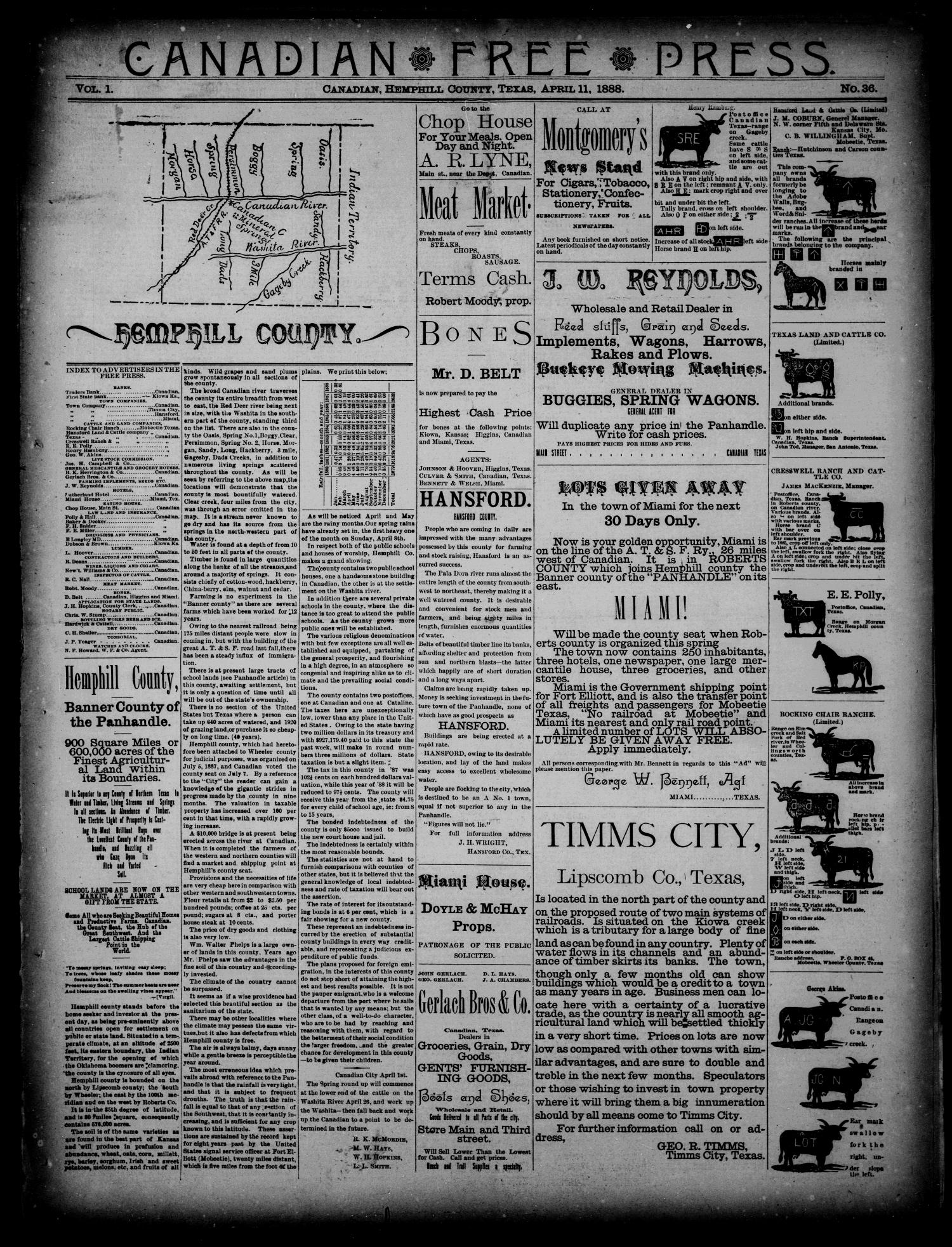 Canadian Free Press. (Canadian, Tex.), Vol. 1, No. 36, Ed. 2 Wednesday, April 11, 1888
                                                
                                                    [Sequence #]: 1 of 4
                                                