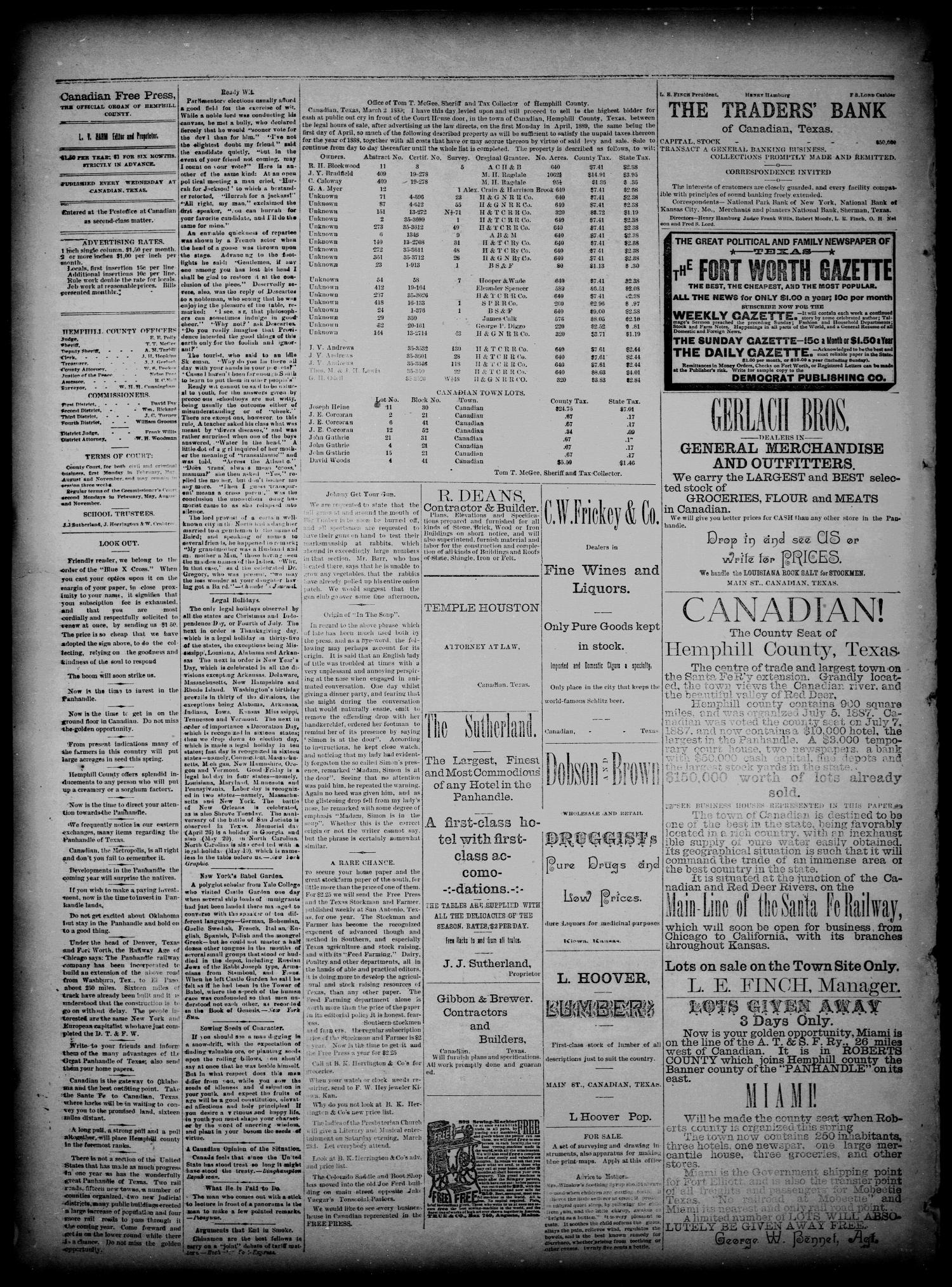 Canadian Free Press. (Canadian, Tex.), Vol. 2, No. 33, Ed. 1 Wednesday, March 13, 1889
                                                
                                                    [Sequence #]: 4 of 4
                                                