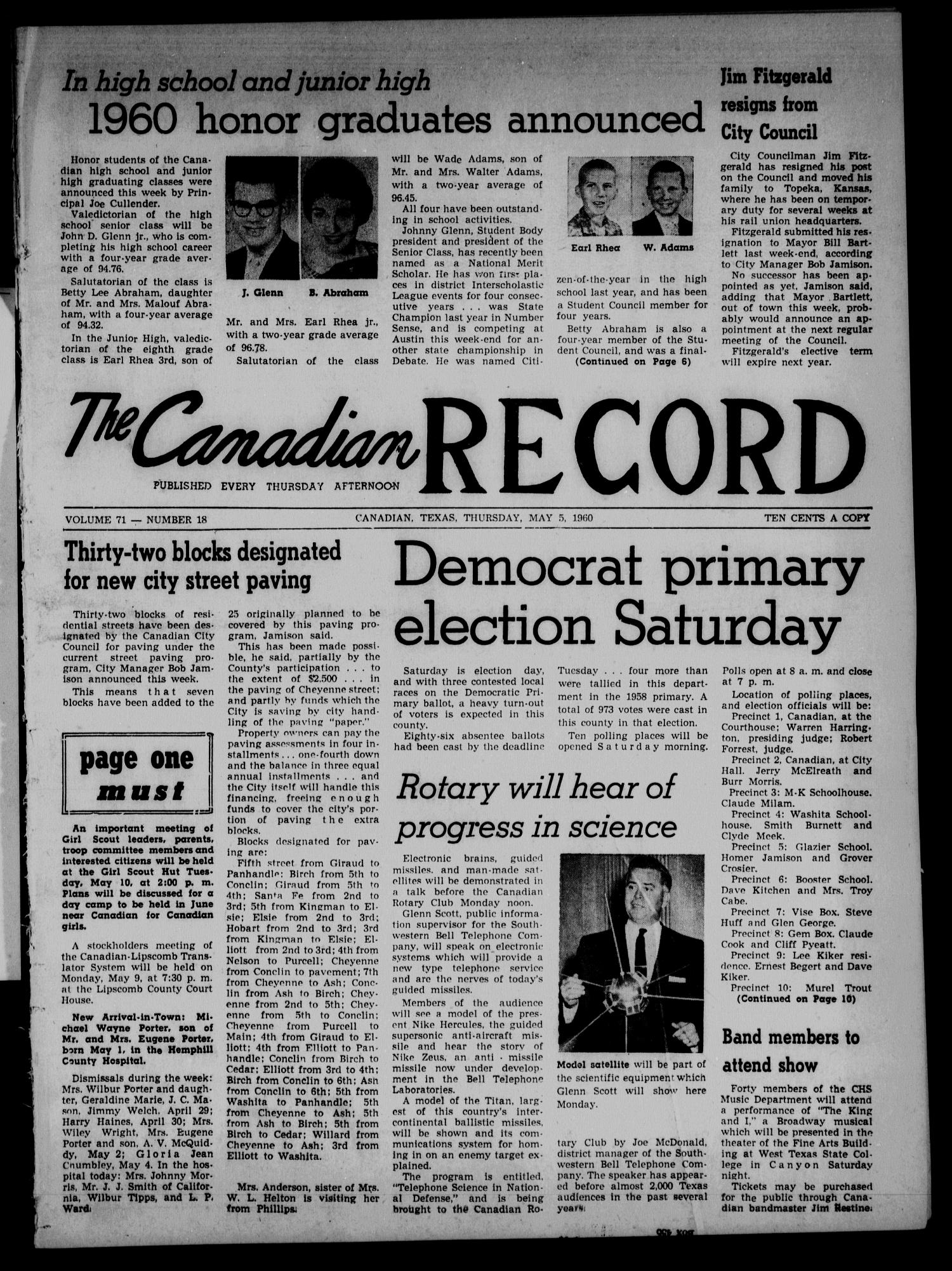 The Canadian Record (Canadian, Tex.), Vol. 71, No. 18, Ed. 1 Thursday, May 5, 1960
                                                
                                                    [Sequence #]: 1 of 20
                                                
