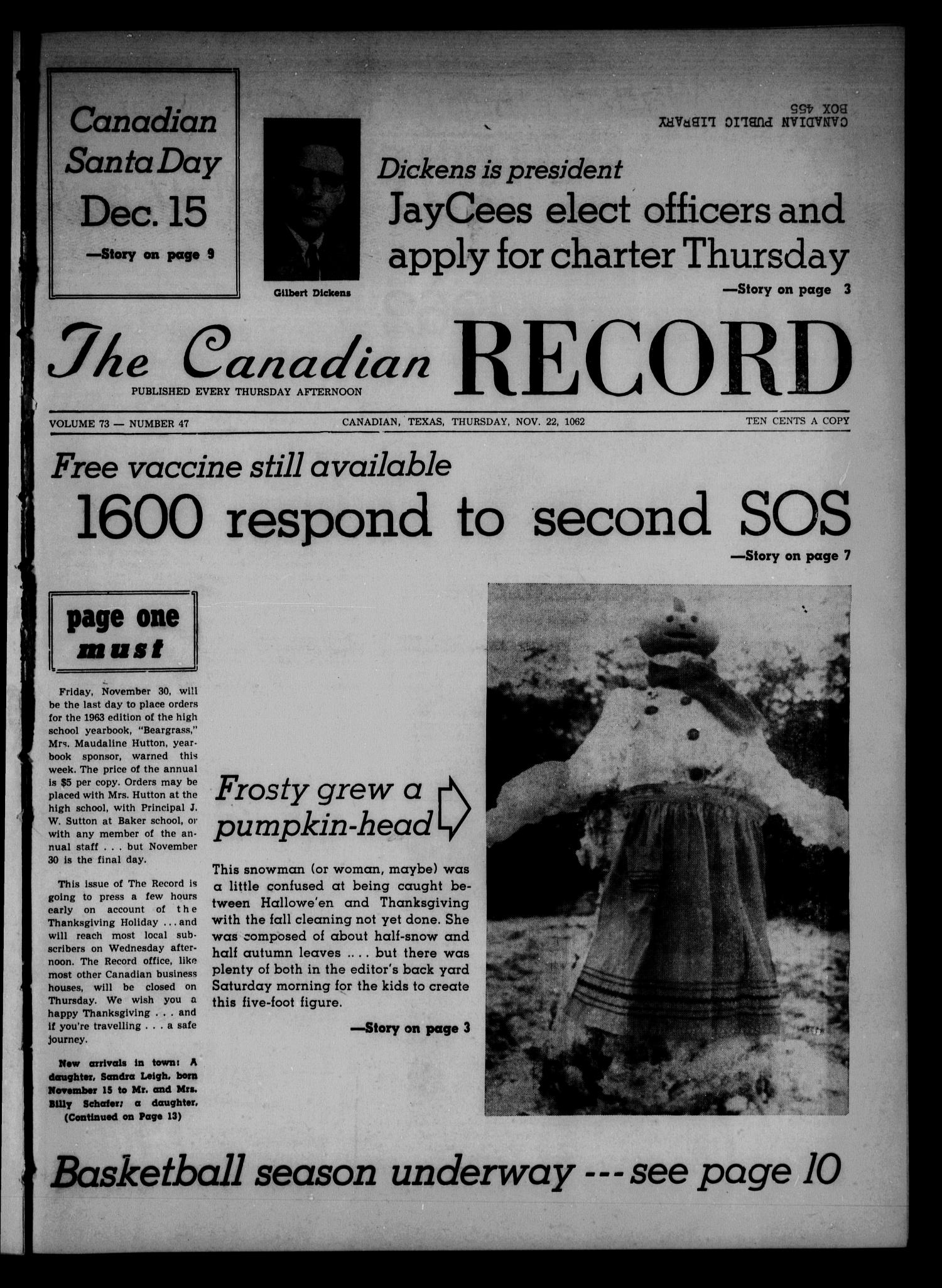 The Canadian Record (Canadian, Tex.), Vol. 73, No. 47, Ed. 1 Thursday, November 22, 1962
                                                
                                                    [Sequence #]: 1 of 16
                                                