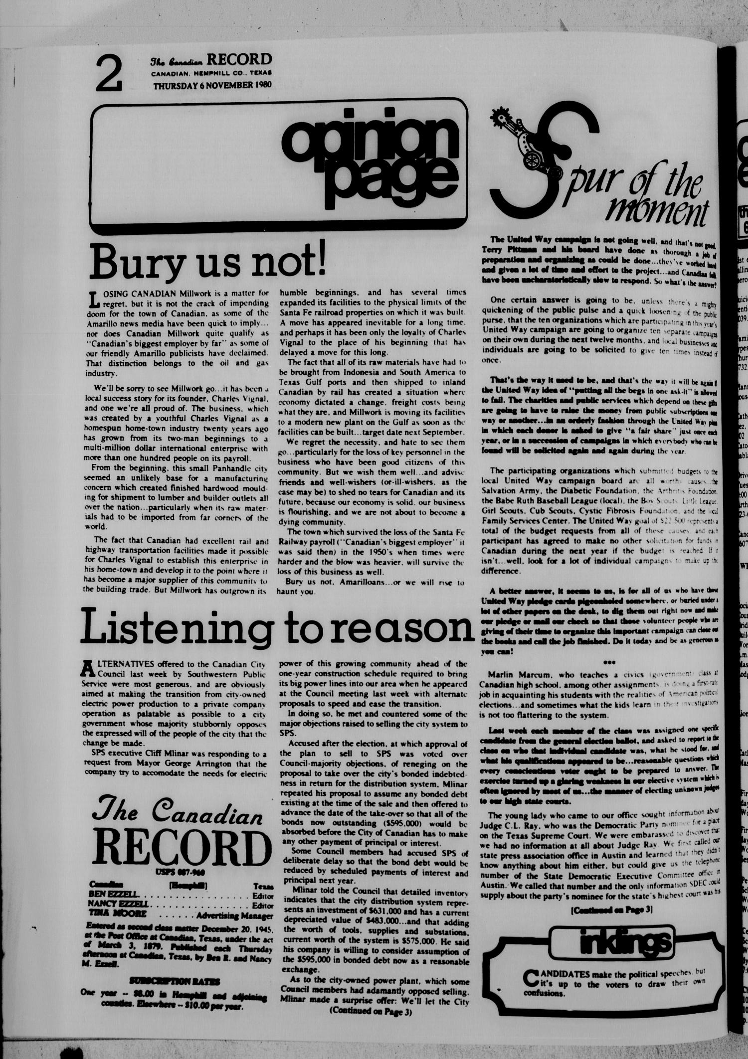 The Canadian Record (Canadian, Tex.), Vol. 91, No. 45, Ed. 1 Thursday, November 6, 1980
                                                
                                                    [Sequence #]: 2 of 40
                                                
