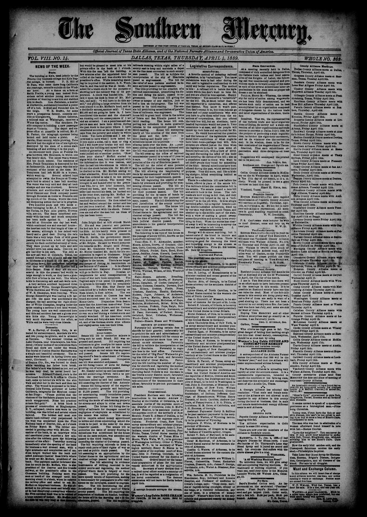 The Southern Mercury (Dallas, Tex.), Vol. 8, No. 14, Ed. 1 Thursday, April 4, 1889
                                                
                                                    [Sequence #]: 1 of 8
                                                
