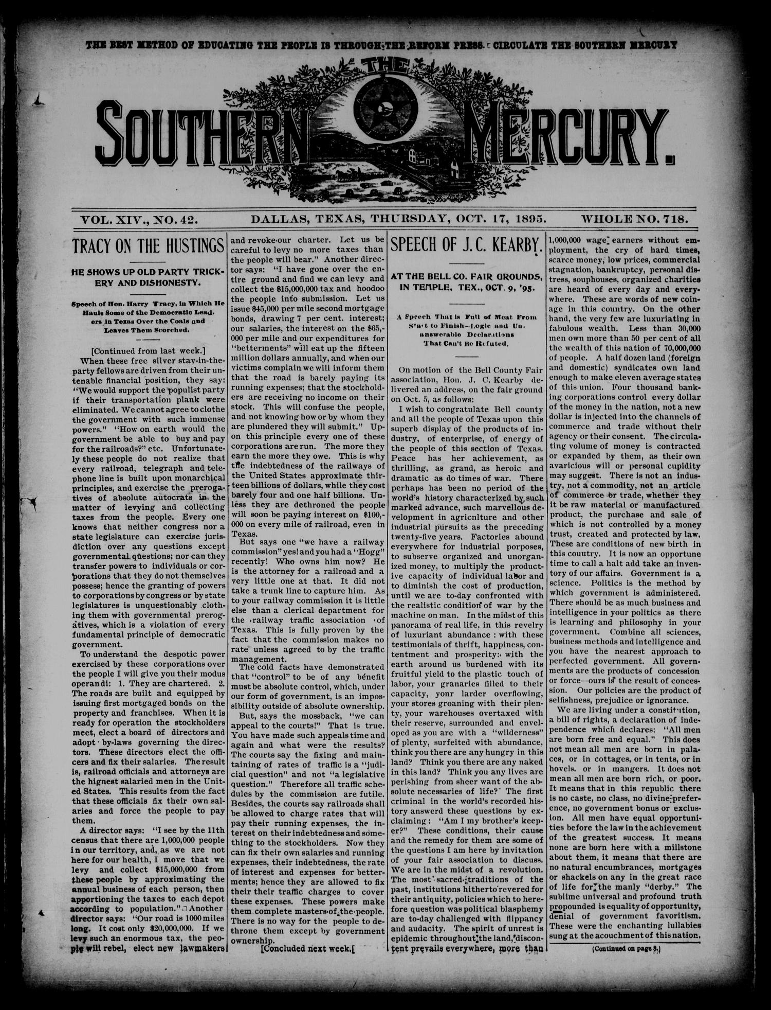 The Southern Mercury. (Dallas, Tex.), Vol. 14, No. 42, Ed. 1 Thursday, October 17, 1895
                                                
                                                    [Sequence #]: 1 of 16
                                                