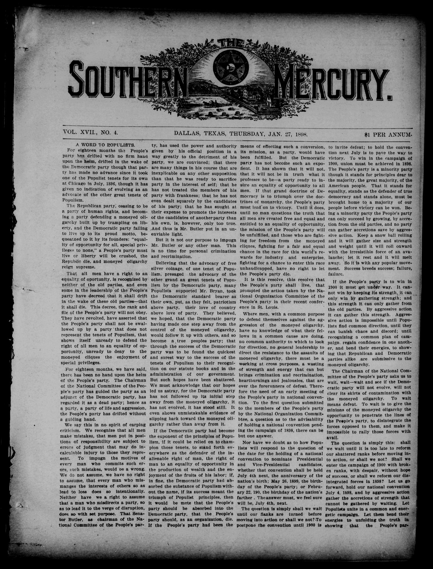 The Southern Mercury. (Dallas, Tex.), Vol. 17, No. 4, Ed. 1 Thursday, January 27, 1898
                                                
                                                    [Sequence #]: 1 of 16
                                                