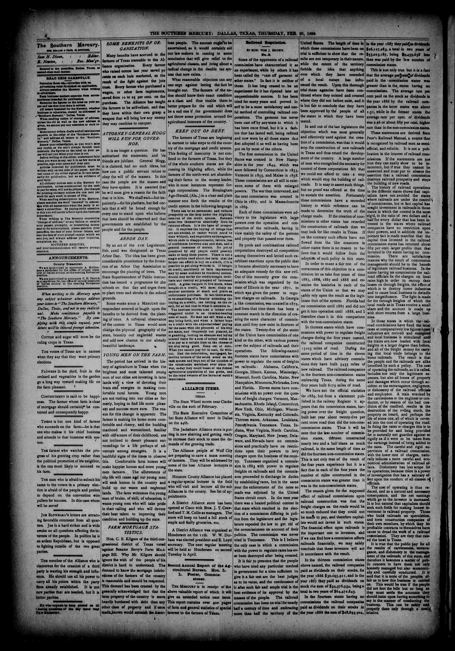 The Southern Mercury, Texas Farmers' Alliance Advocate. (Dallas, Tex.), Vol. 9, No. 8, Ed. 1 Thursday, February 20, 1890
                                                
                                                    [Sequence #]: 4 of 8
                                                