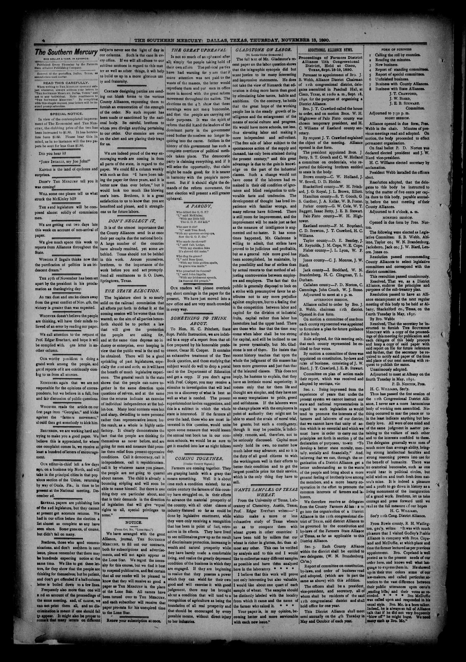 The Southern Mercury, Texas Farmers' Alliance Advocate. (Dallas, Tex.), Vol. 9, No. 46, Ed. 1 Thursday, November 13, 1890
                                                
                                                    [Sequence #]: 4 of 8
                                                