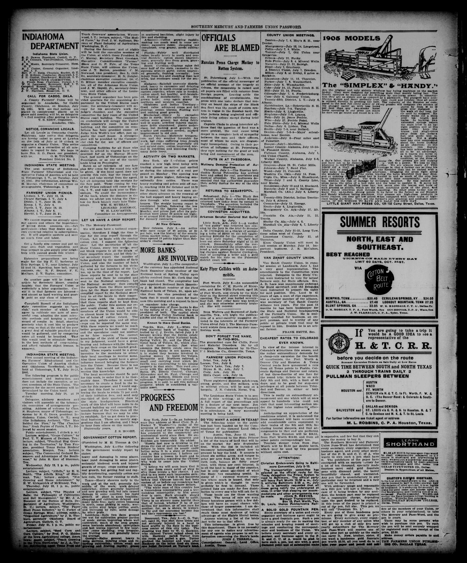 Southern Mercury United with the Farmers Union Password. (Dallas, Tex.), Vol. 25, No. 27, Ed. 1 Thursday, July 6, 1905
                                                
                                                    [Sequence #]: 2 of 8
                                                