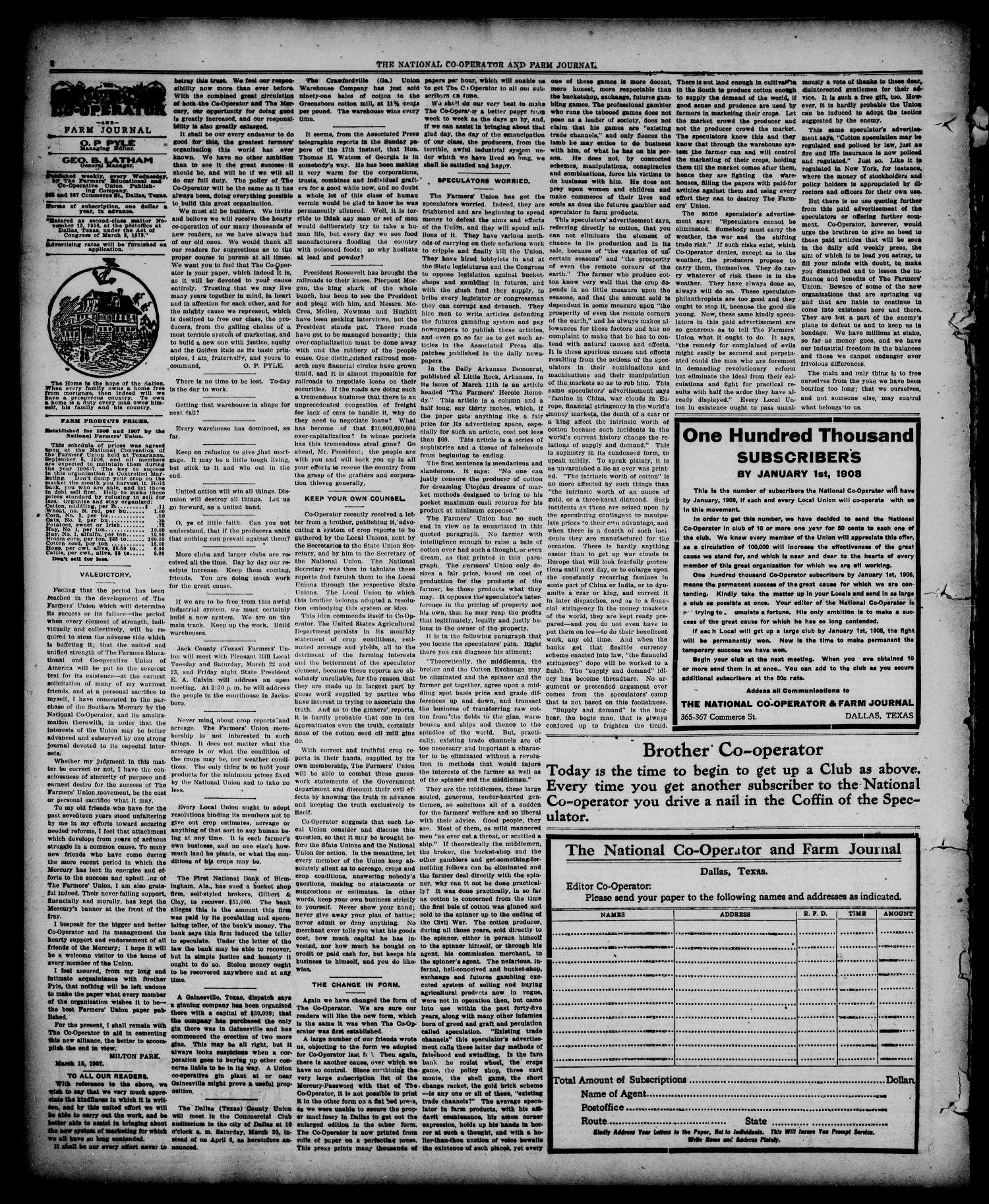 The National Co-operator and Farm Journal (Dallas, Tex.), Vol. 28, No. 24, Ed. 1 Wednesday, March 20, 1907
                                                
                                                    [Sequence #]: 4 of 8
                                                