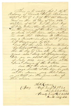 Primary view of object titled '[Affidavit from Hamilton K. Redway Concerning the Death of Andrew M. Anderson, 1864]'.
