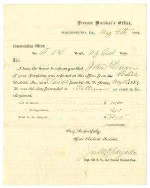 Primary view of object titled '[Letter of Notification Regarding John Duger, May 4, 1864]'.