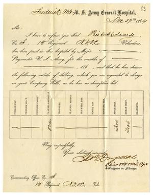 Primary view of object titled '[Receipt for clothing, December 29, 1864]'.