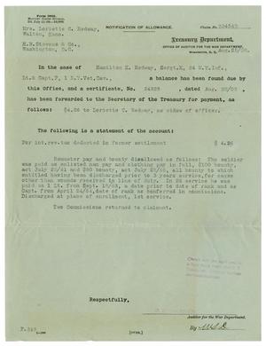 Primary view of object titled '[Notification of Allowance, August 25, 1908]'.