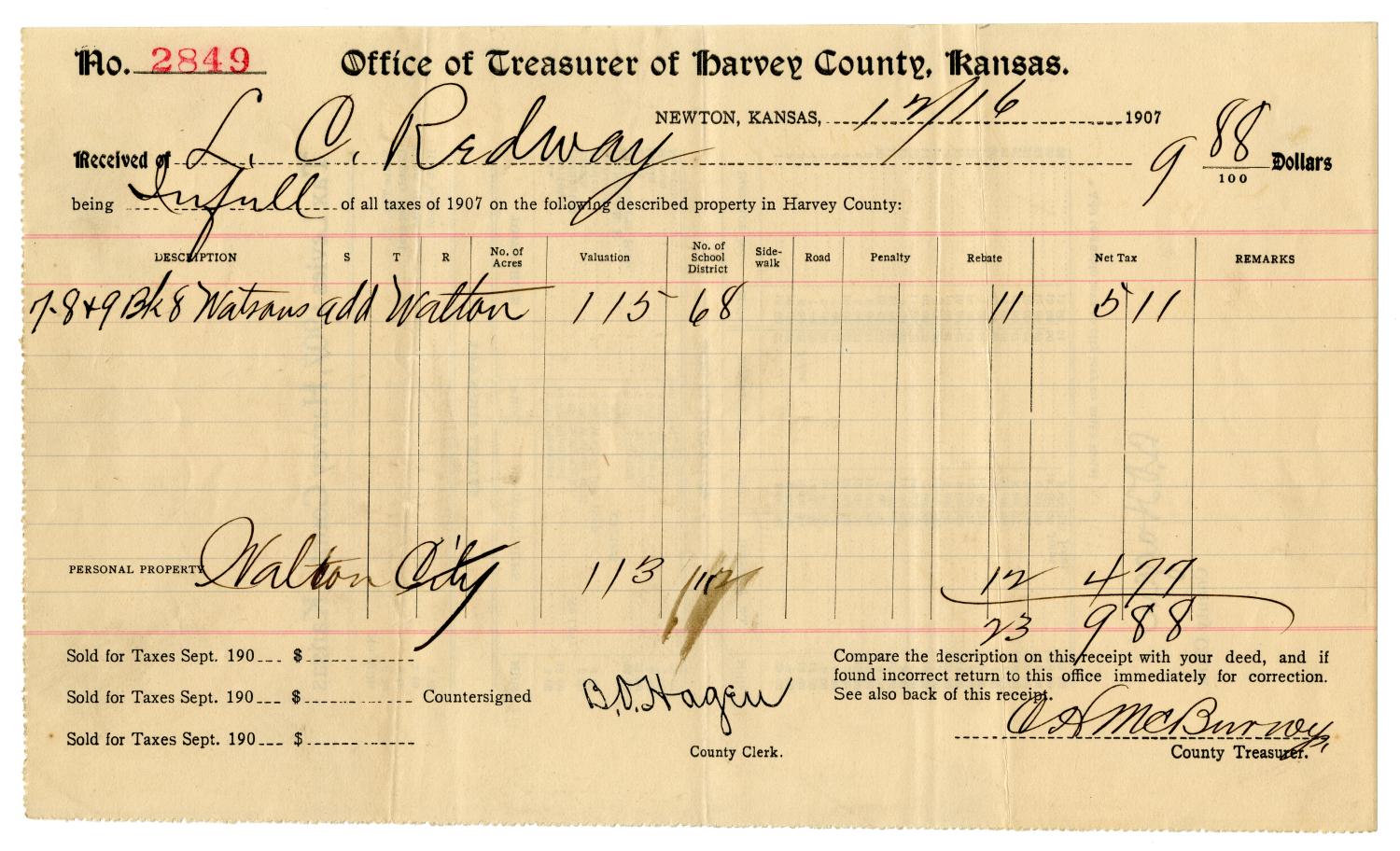 [Tax receipt for 1907, December 16, 1907]
                                                
                                                    [Sequence #]: 1 of 2
                                                