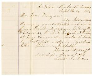 Primary view of object titled '[Letter from Thomas Willis, J. P. to Levi Perryman, September 26, 1879]'.