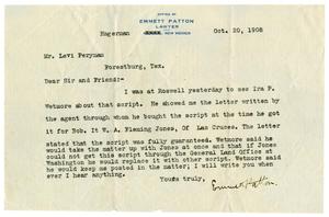 Primary view of [Letter from Emmett Patton to Levi Perryman, October 20,1908]