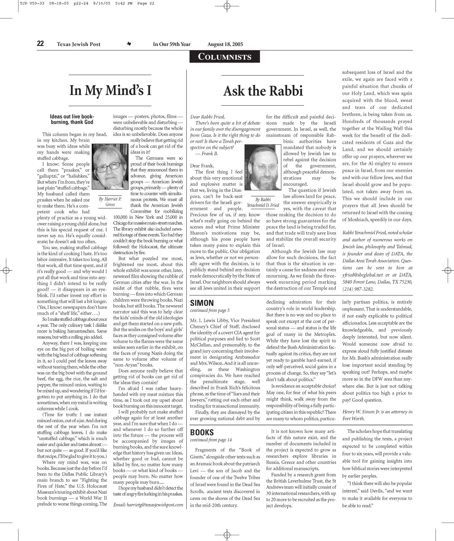 Texas Jewish Post (Fort Worth, Tex.), Vol. 59, No. 33, Ed. 1 Thursday, August 18, 2005
                                                
                                                    [Sequence #]: 22 of 24
                                                