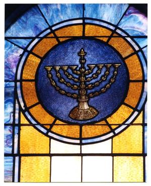 Primary view of object titled '[Stained Glass Window Pane of Hanukkah Menorah]'.