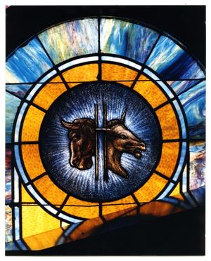 Primary view of object titled '[Stained Glass Window Pane of a Bull and a Unicorn]'.