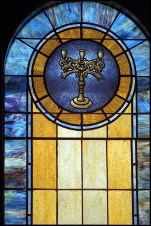 Primary view of object titled '[Stained Glass Window Pane of a Candelabra]'.