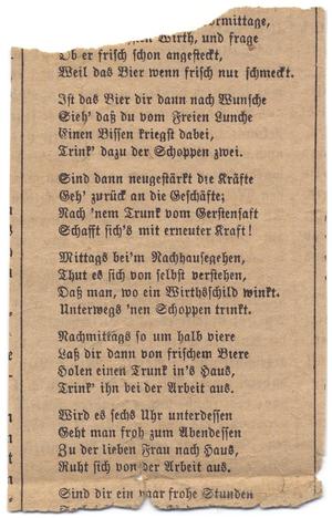 Primary view of object titled '[Clipping in German with a poem about beer and account of a hunting trip]'.