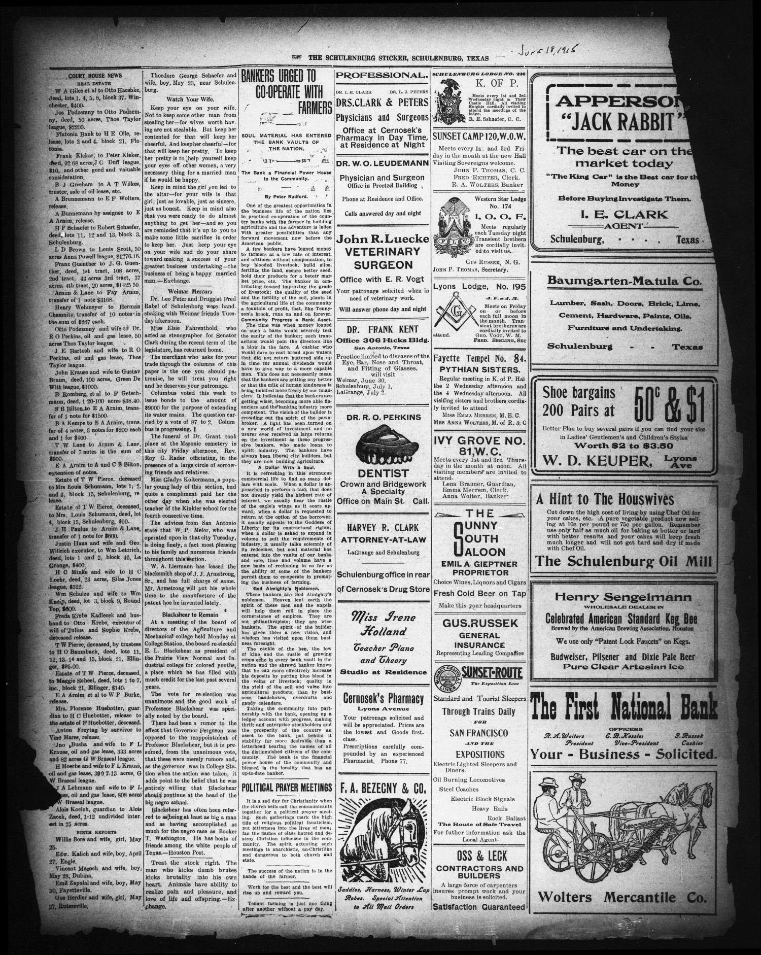 The Schulenburg Sticker (Schulenburg, Tex.), Ed. 1 Friday, June 18, 1915
                                                
                                                    [Sequence #]: 1 of 1
                                                