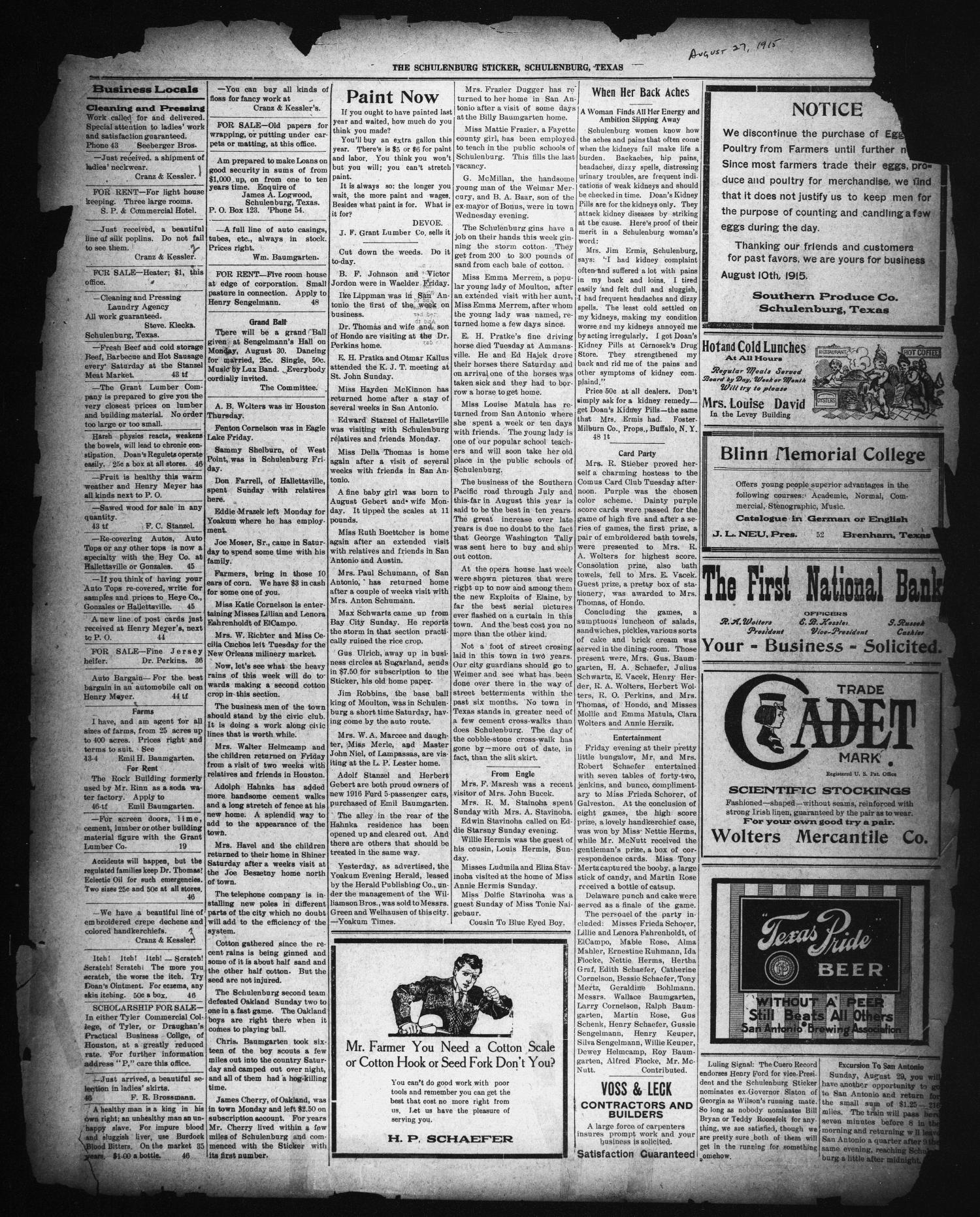 The Schulenburg Sticker (Schulenburg, Tex.), Ed. 1 Friday, August 27, 1915
                                                
                                                    [Sequence #]: 1 of 2
                                                