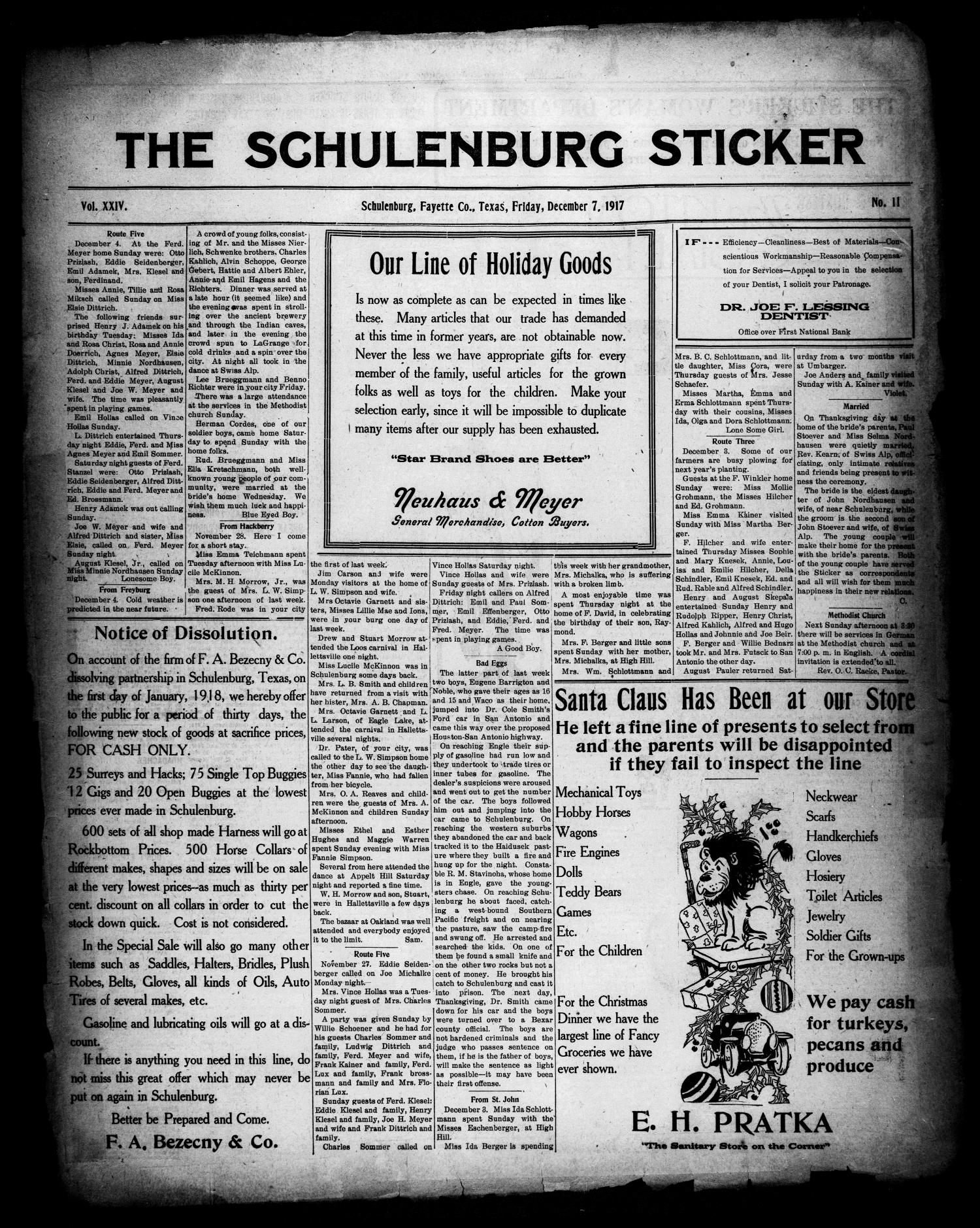 The Schulenburg Sticker (Schulenburg, Tex.), Vol. 24, No. 11, Ed. 1 Friday, December 7, 1917
                                                
                                                    [Sequence #]: 1 of 8
                                                