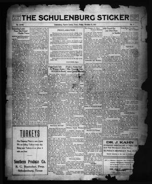 Primary view of object titled 'The Schulenburg Sticker (Schulenburg, Tex.), Vol. 28, No. 9, Ed. 1 Friday, November 11, 1921'.