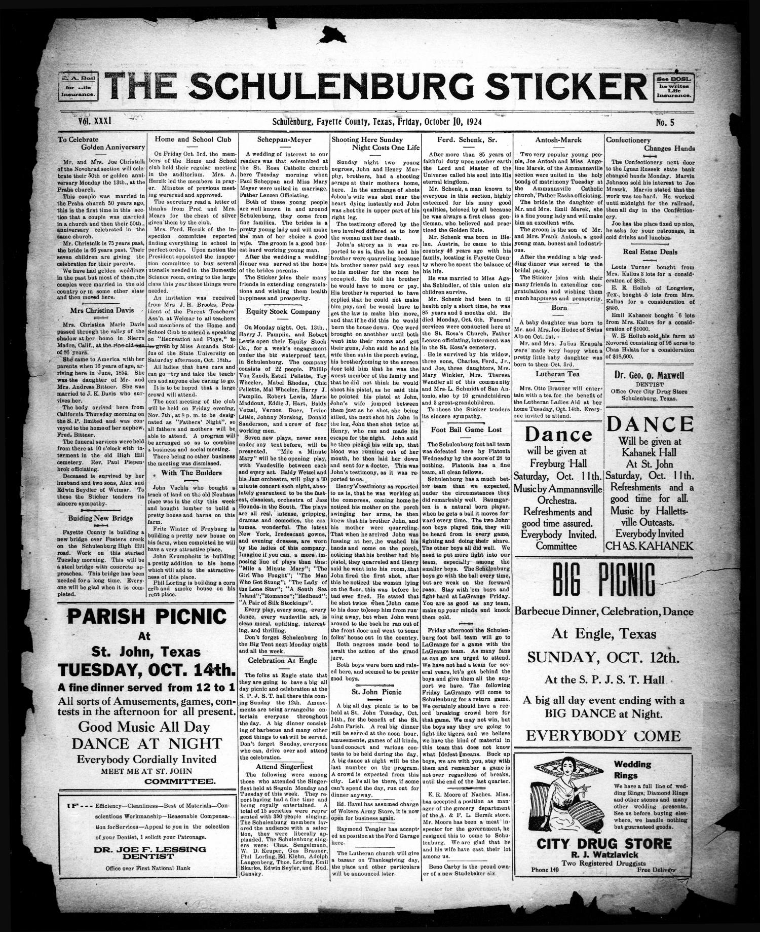 The Schulenburg Sticker (Schulenburg, Tex.), Vol. 31, No. 5, Ed. 1 Friday, October 10, 1924
                                                
                                                    [Sequence #]: 1 of 10
                                                