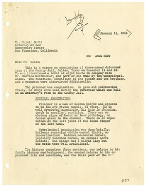 Primary view of object titled '[medical History Report from Dr. Walter Bromberg to Attorney Melvin Belli - January 11, 1963]'.