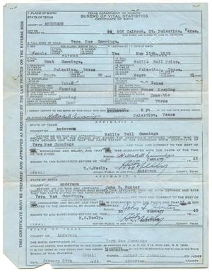 Primary view of object titled '[Birth Certificate for Vera Mae Cummings]'.