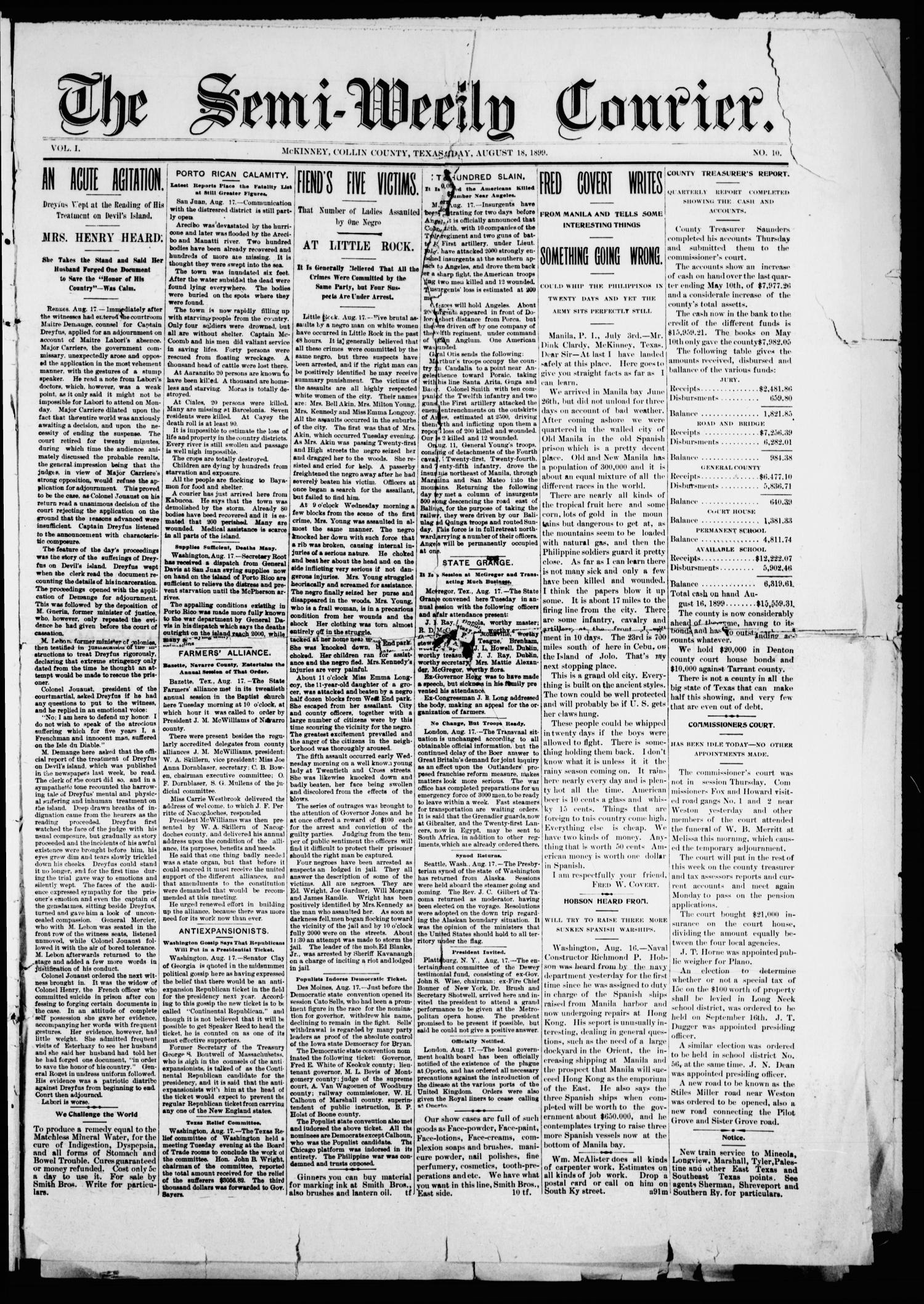 The Semi-Weekly Courier. (McKinney, Tex.), Vol. 1, No. 10, Ed. 1 Friday, August 18, 1899
                                                
                                                    [Sequence #]: 1 of 8
                                                