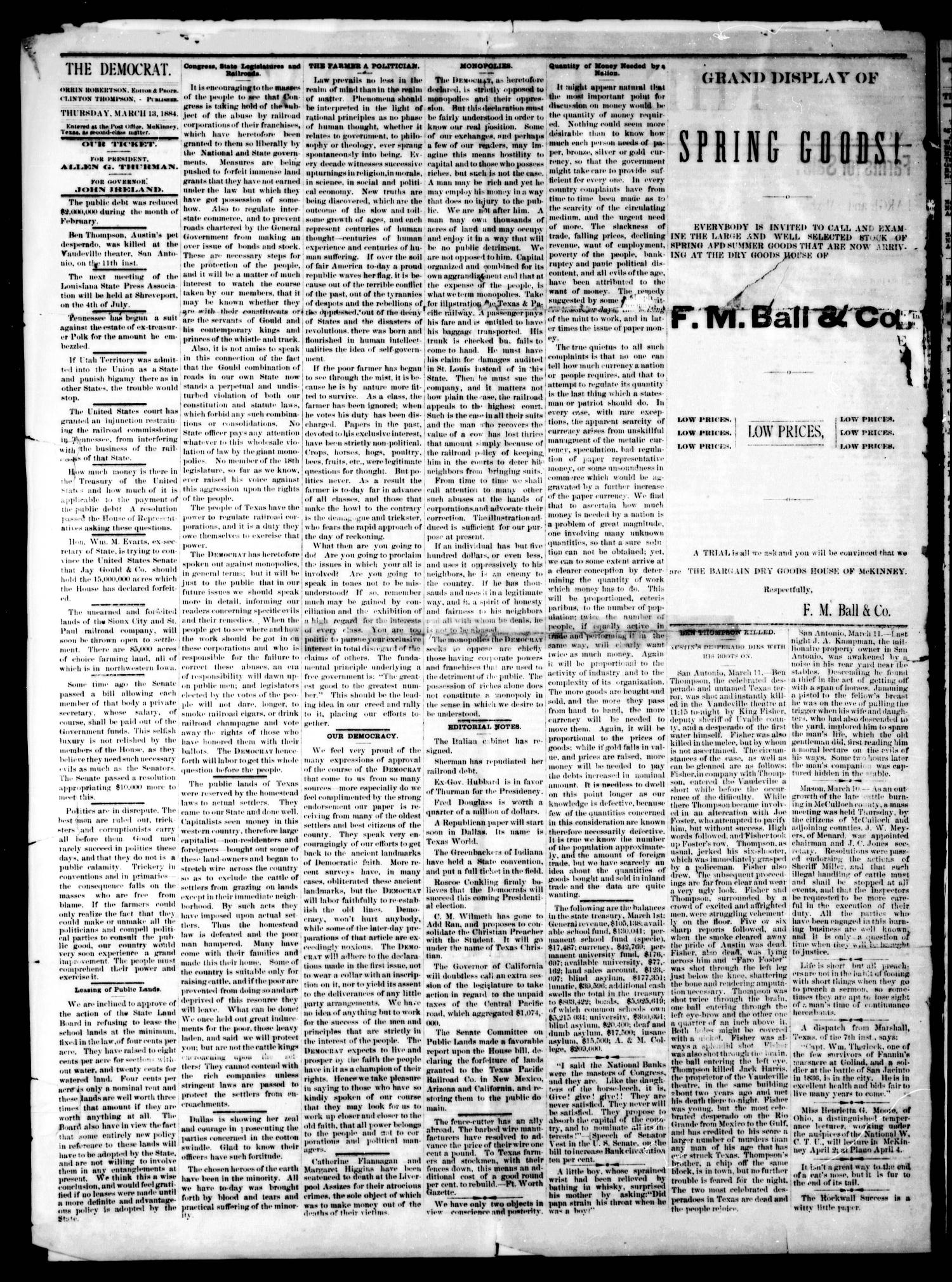The Democrat. (McKinney, Tex.), Vol. 1, No. 6, Ed. 1 Thursday, March 13, 1884
                                                
                                                    [Sequence #]: 2 of 4
                                                