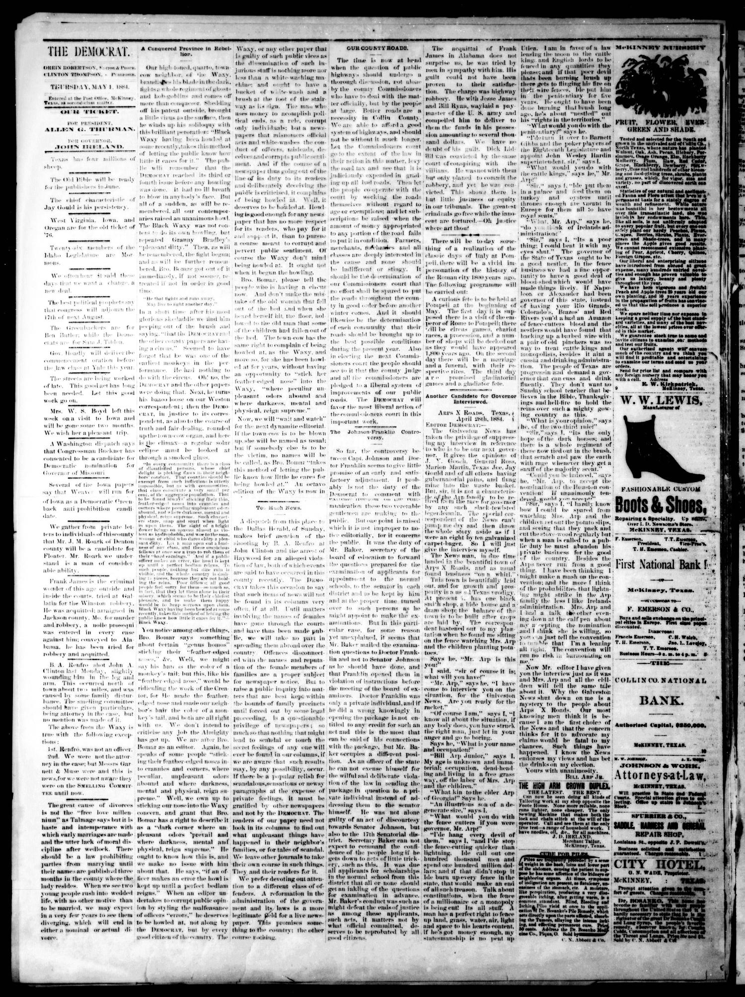 The Democrat. (McKinney, Tex.), Vol. 1, No. 13, Ed. 1 Thursday, May 1, 1884
                                                
                                                    [Sequence #]: 2 of 4
                                                