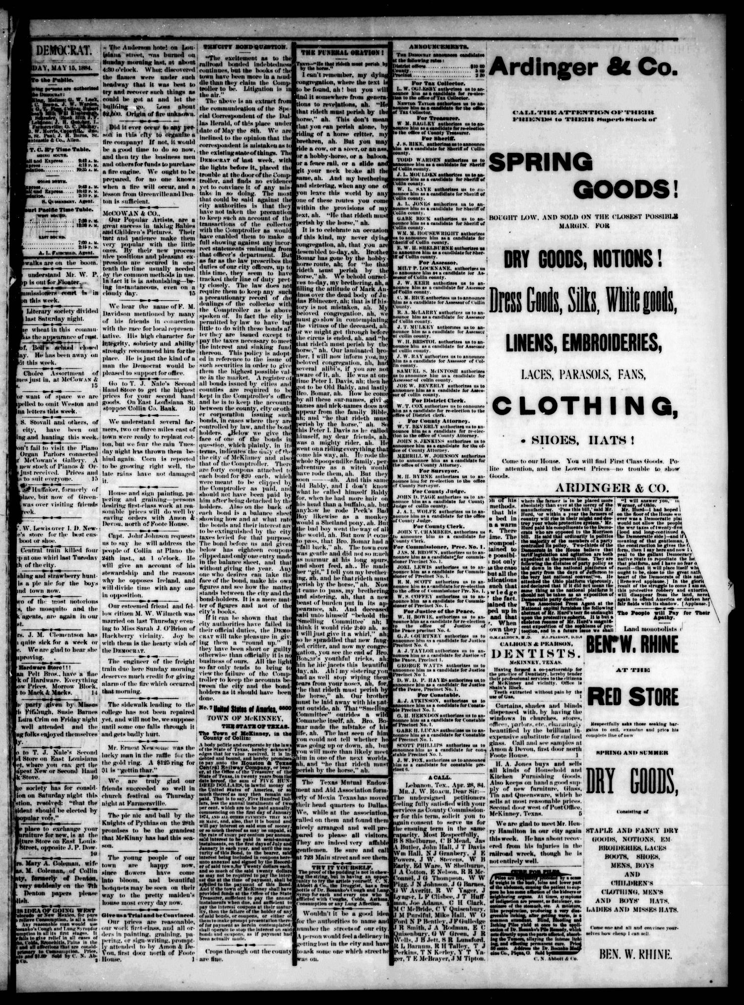 The Democrat. (McKinney, Tex.), Vol. 1, No. 15, Ed. 1 Thursday, May 15, 1884
                                                
                                                    [Sequence #]: 3 of 4
                                                