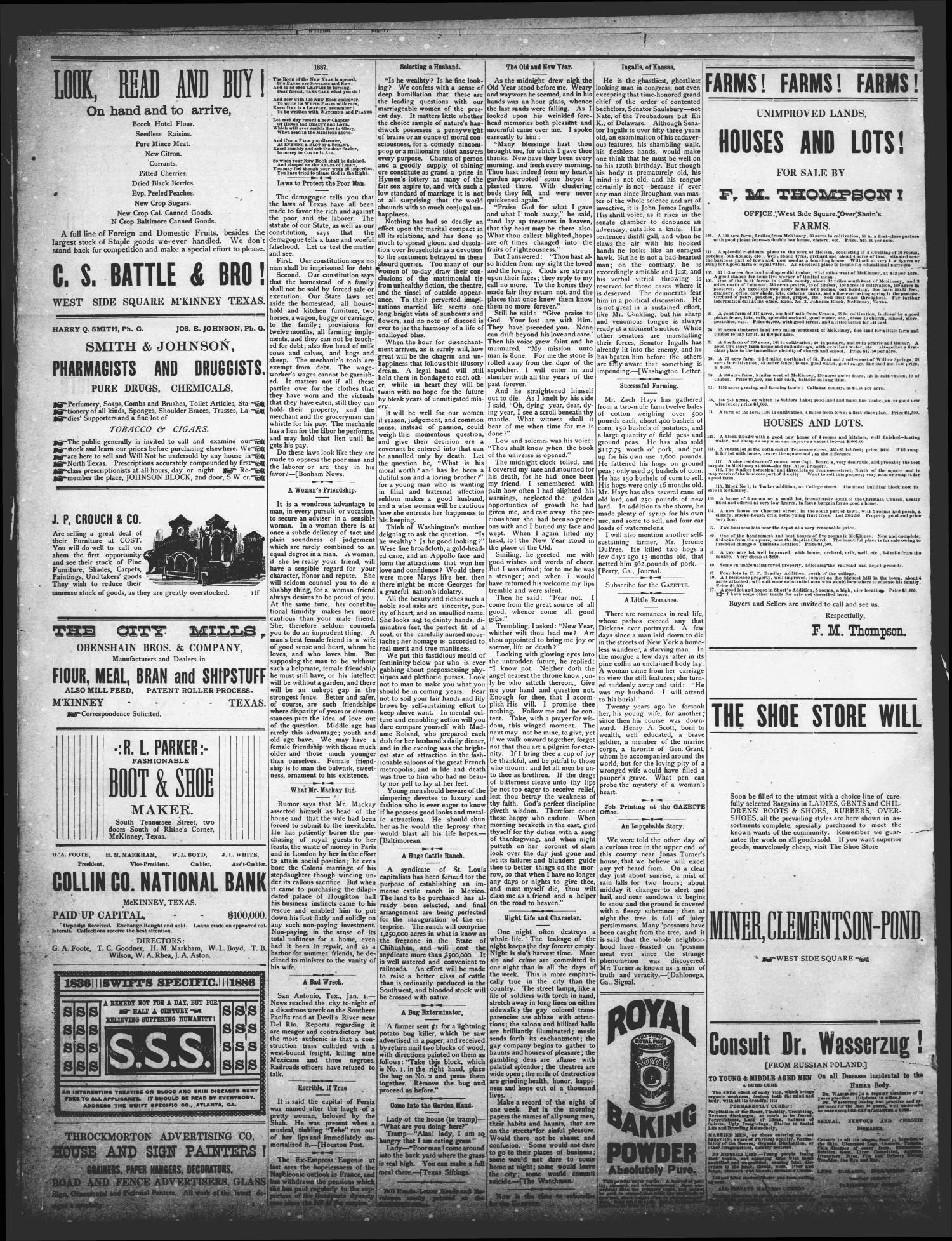 The McKinney Gazette. (McKinney, Tex.), Vol. 1, No. 34, Ed. 1 Thursday, January 6, 1887
                                                
                                                    [Sequence #]: 4 of 4
                                                