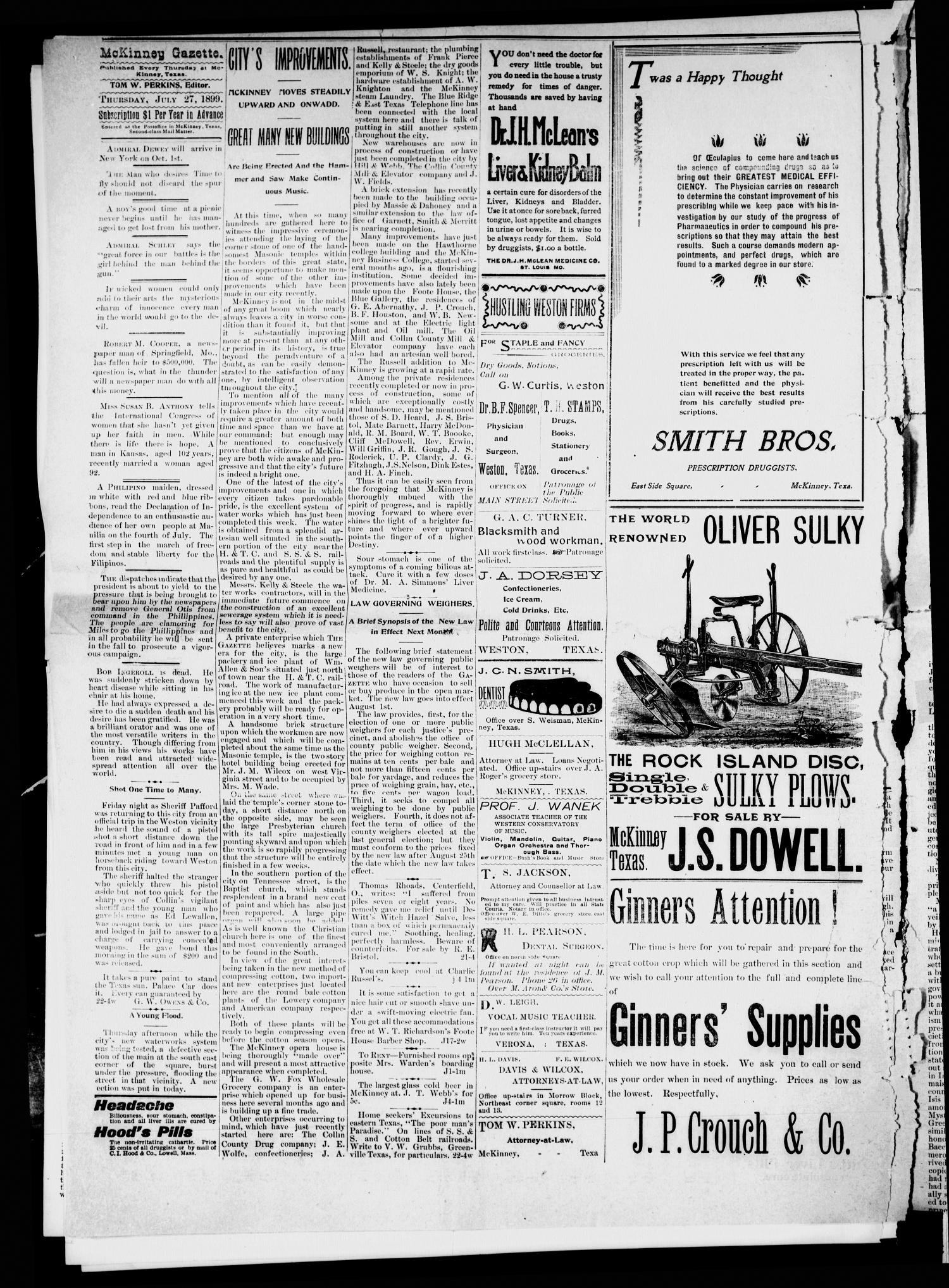 The McKinney Gazette. (McKinney, Tex.), Vol. 12, No. 24, Ed. 1 Thursday, July 27, 1899
                                                
                                                    [Sequence #]: 4 of 10
                                                