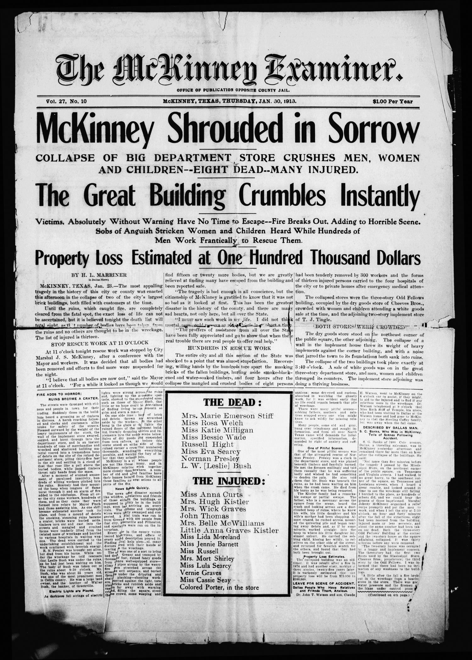The McKinney Examiner. (McKinney, Tex.), Vol. 27, No. 10, Ed. 1 Thursday, January 30, 1913
                                                
                                                    [Sequence #]: 1 of 8
                                                