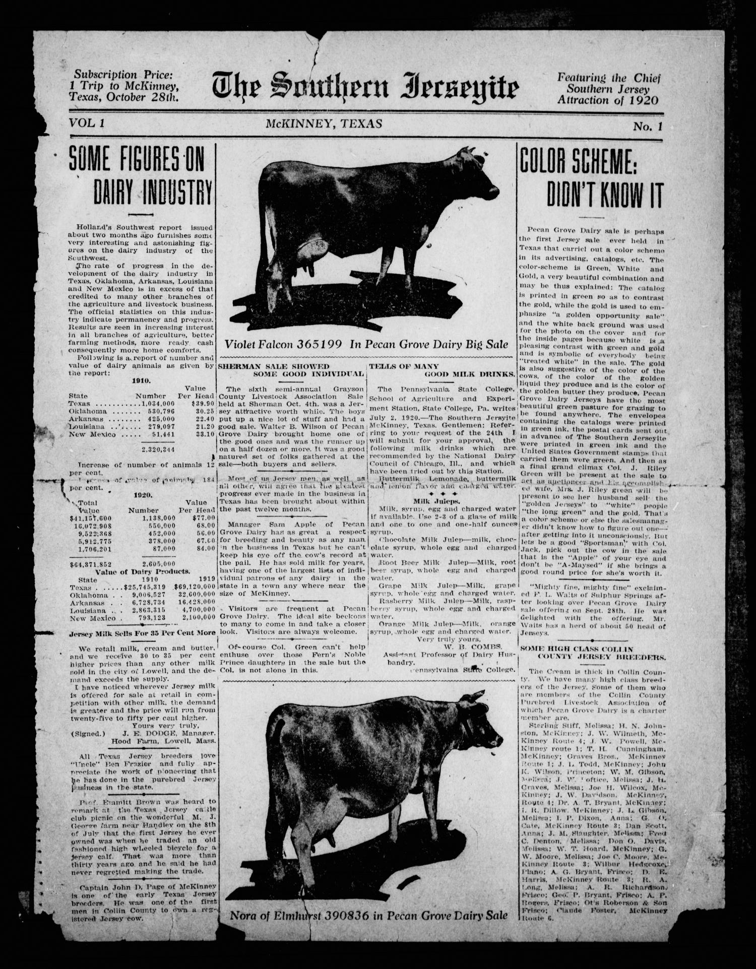 The Southern Jerseyite (McKinney, Tex.), Vol. 1, No. 1, Ed. 1 Thursday, October 28, 1920
                                                
                                                    [Sequence #]: 1 of 2
                                                